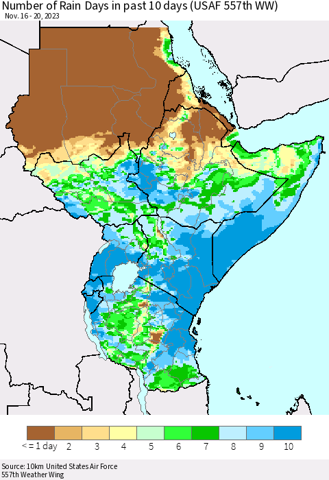 Eastern Africa Number of Rain Days in past 10 days (USAF 557th WW) Thematic Map For 11/16/2023 - 11/20/2023