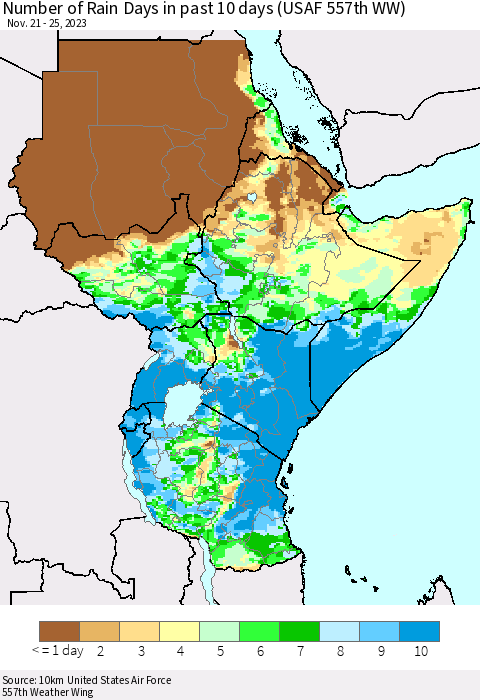 Eastern Africa Number of Rain Days in past 10 days (USAF 557th WW) Thematic Map For 11/21/2023 - 11/25/2023