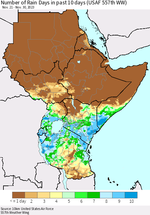 Eastern Africa Number of Rain Days in past 10 days (USAF 557th WW) Thematic Map For 11/26/2023 - 11/30/2023