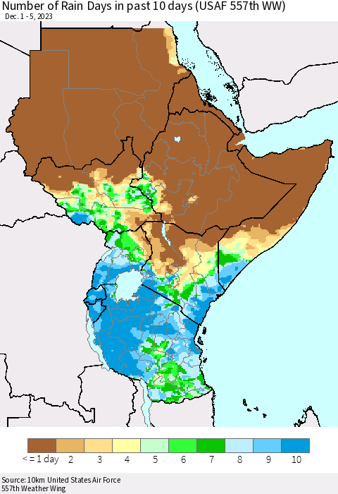Eastern Africa Number of Rain Days in past 10 days (USAF 557th WW) Thematic Map For 12/1/2023 - 12/5/2023