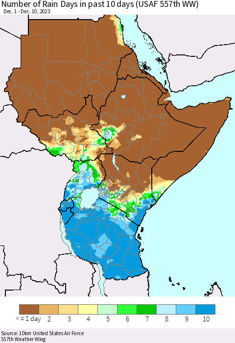 Eastern Africa Number of Rain Days in past 10 days (USAF 557th WW) Thematic Map For 12/6/2023 - 12/10/2023