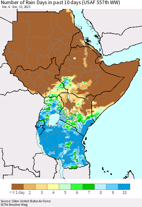 Eastern Africa Number of Rain Days in past 10 days (USAF 557th WW) Thematic Map For 12/11/2023 - 12/15/2023