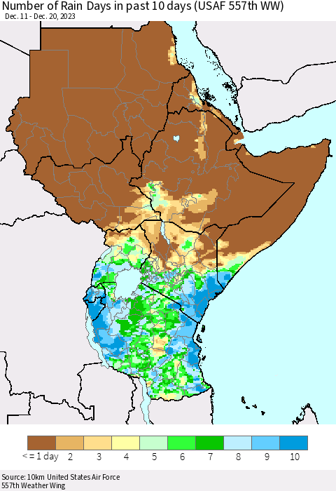 Eastern Africa Number of Rain Days in past 10 days (USAF 557th WW) Thematic Map For 12/16/2023 - 12/20/2023