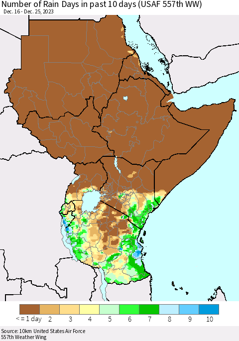 Eastern Africa Number of Rain Days in past 10 days (USAF 557th WW) Thematic Map For 12/21/2023 - 12/25/2023