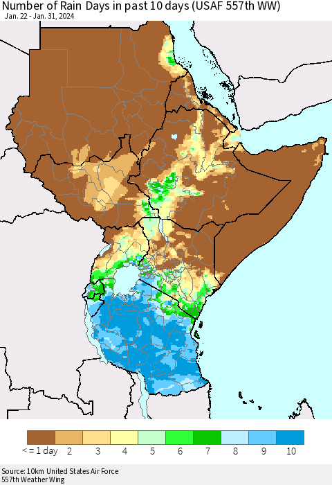 Eastern Africa Number of Rain Days in past 10 days (USAF 557th WW) Thematic Map For 1/26/2024 - 1/31/2024