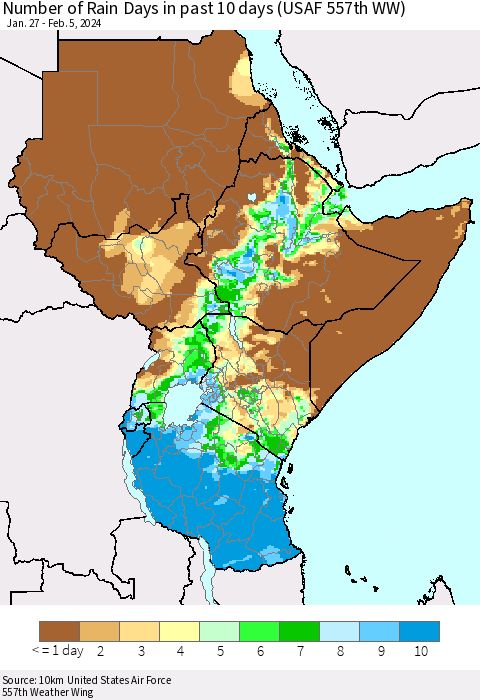 Eastern Africa Number of Rain Days in past 10 days (USAF 557th WW) Thematic Map For 2/1/2024 - 2/5/2024