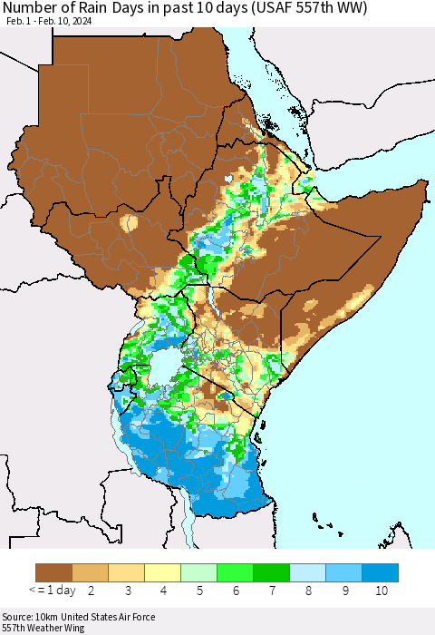 Eastern Africa Number of Rain Days in past 10 days (USAF 557th WW) Thematic Map For 2/6/2024 - 2/10/2024