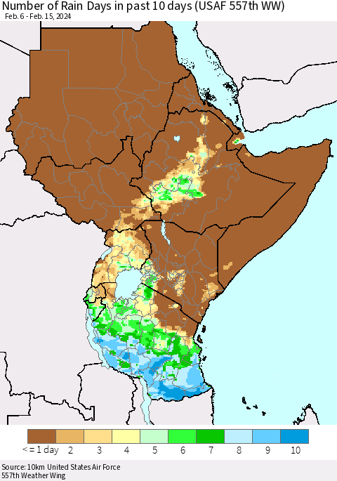 Eastern Africa Number of Rain Days in past 10 days (USAF 557th WW) Thematic Map For 2/11/2024 - 2/15/2024