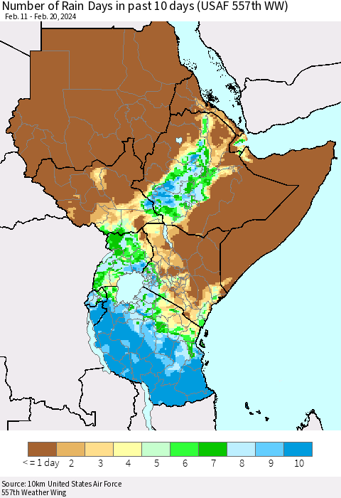 Eastern Africa Number of Rain Days in past 10 days (USAF 557th WW) Thematic Map For 2/16/2024 - 2/20/2024