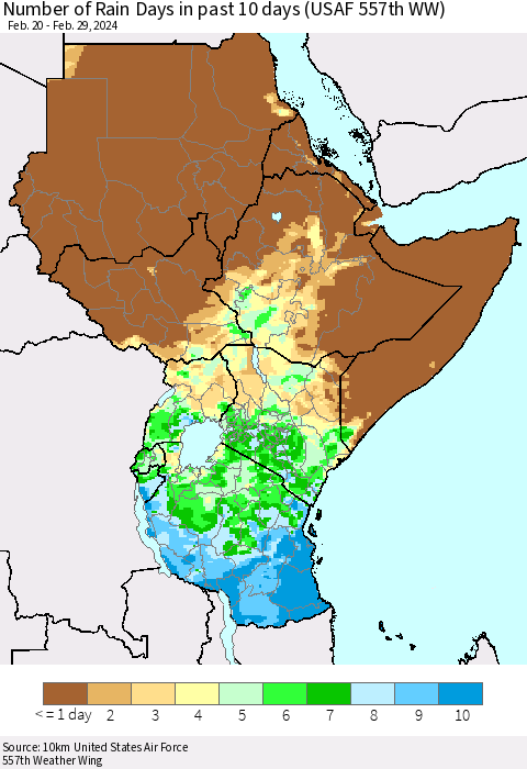 Eastern Africa Number of Rain Days in past 10 days (USAF 557th WW) Thematic Map For 2/26/2024 - 2/29/2024