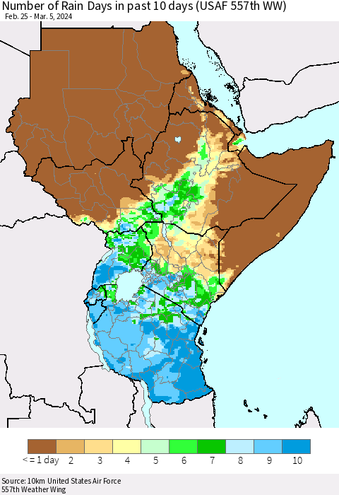 Eastern Africa Number of Rain Days in past 10 days (USAF 557th WW) Thematic Map For 3/1/2024 - 3/5/2024