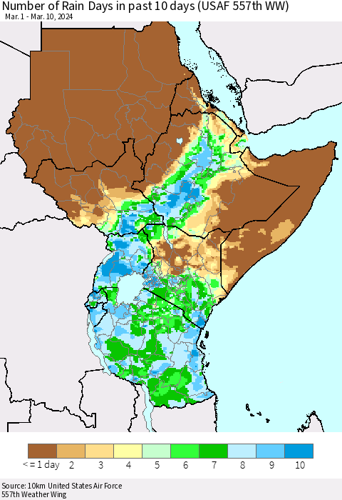 Eastern Africa Number of Rain Days in past 10 days (USAF 557th WW) Thematic Map For 3/6/2024 - 3/10/2024