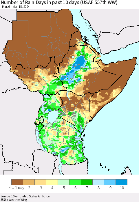 Eastern Africa Number of Rain Days in past 10 days (USAF 557th WW) Thematic Map For 3/11/2024 - 3/15/2024