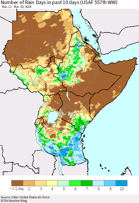Eastern Africa Number of Rain Days in past 10 days (USAF 557th WW) Thematic Map For 3/16/2024 - 3/20/2024