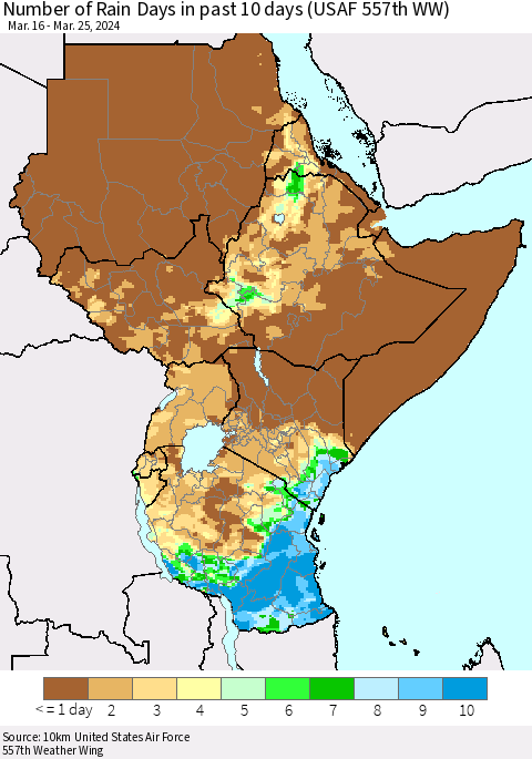 Eastern Africa Number of Rain Days in past 10 days (USAF 557th WW) Thematic Map For 3/21/2024 - 3/25/2024