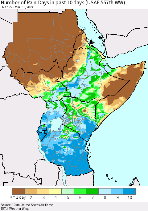Eastern Africa Number of Rain Days in past 10 days (USAF 557th WW) Thematic Map For 3/26/2024 - 3/31/2024