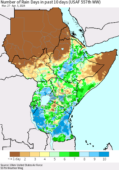 Eastern Africa Number of Rain Days in past 10 days (USAF 557th WW) Thematic Map For 4/1/2024 - 4/5/2024
