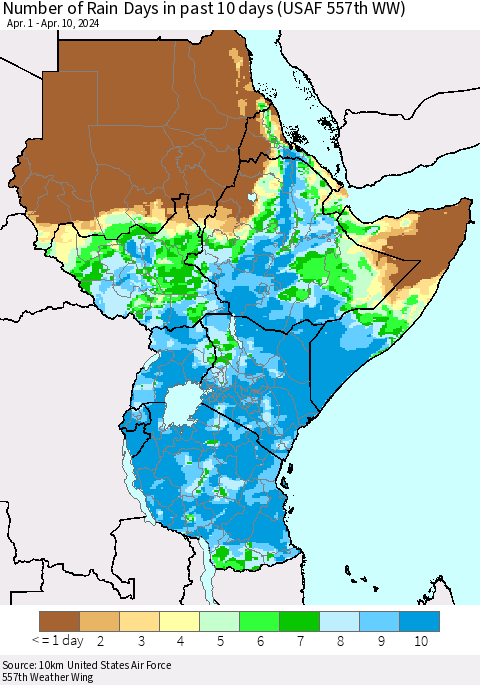 Eastern Africa Number of Rain Days in past 10 days (USAF 557th WW) Thematic Map For 4/6/2024 - 4/10/2024