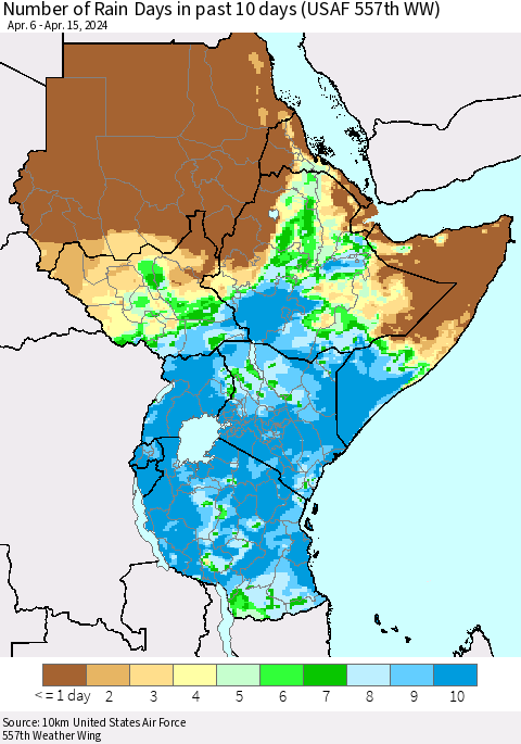 Eastern Africa Number of Rain Days in past 10 days (USAF 557th WW) Thematic Map For 4/11/2024 - 4/15/2024