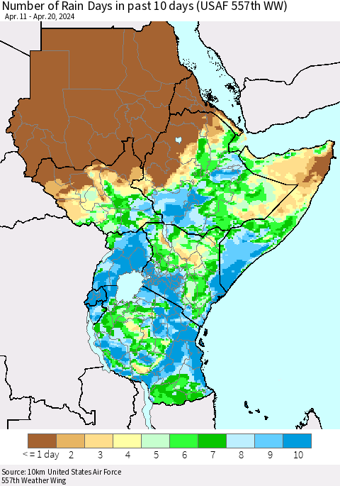 Eastern Africa Number of Rain Days in past 10 days (USAF 557th WW) Thematic Map For 4/16/2024 - 4/20/2024
