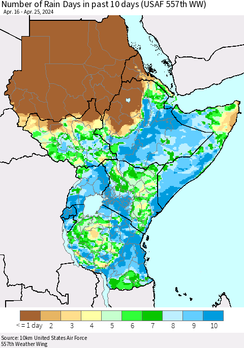 Eastern Africa Number of Rain Days in past 10 days (USAF 557th WW) Thematic Map For 4/21/2024 - 4/25/2024
