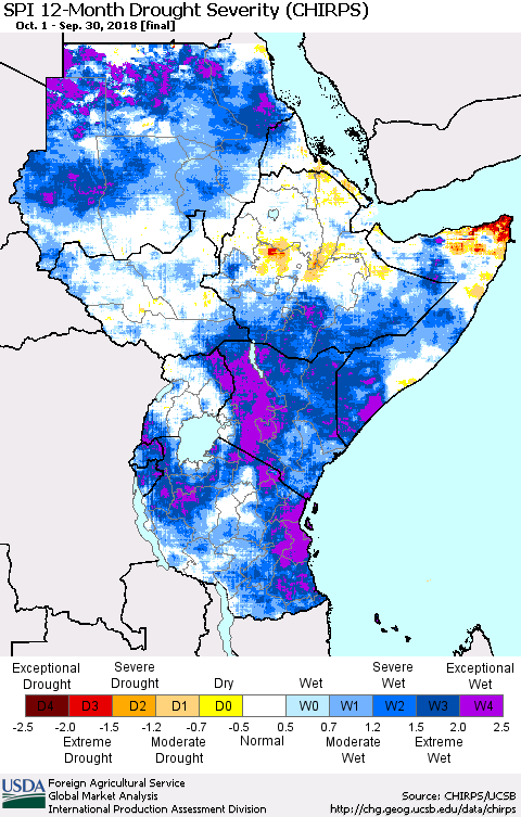 Eastern Africa SPI 12-Month Drought Severity (CHIRPS) Thematic Map For 10/1/2017 - 9/30/2018