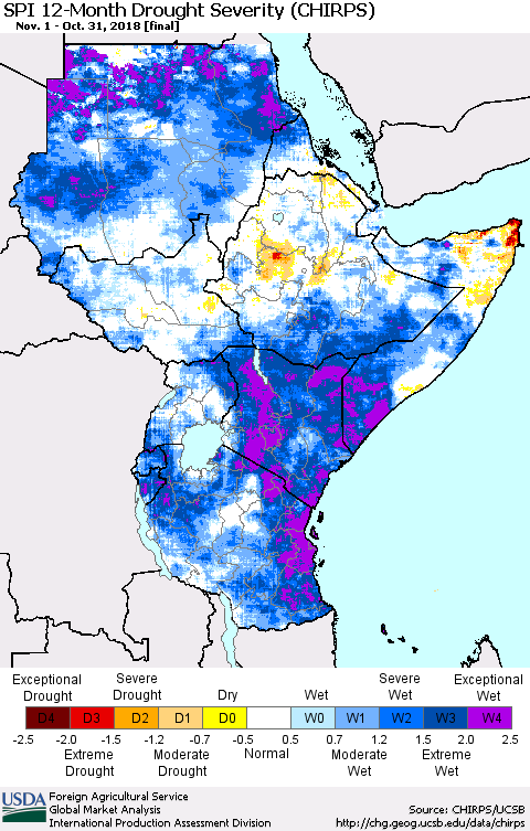 Eastern Africa SPI 12-Month Drought Severity (CHIRPS) Thematic Map For 11/1/2017 - 10/31/2018
