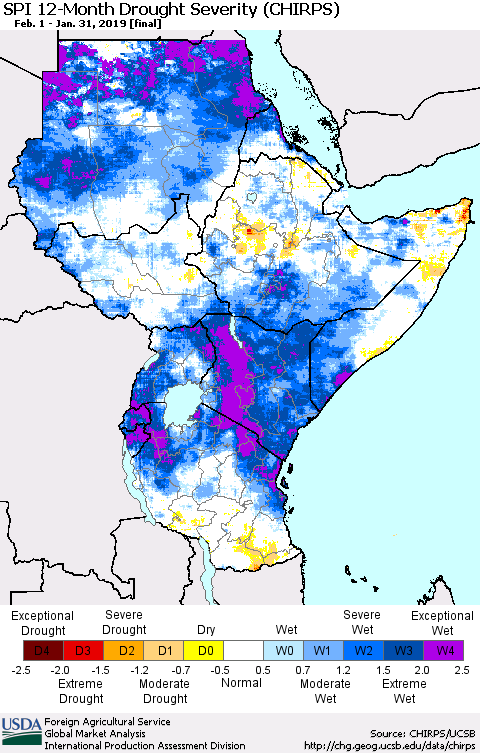 Eastern Africa SPI 12-Month Drought Severity (CHIRPS) Thematic Map For 2/1/2018 - 1/31/2019
