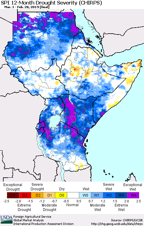 Eastern Africa SPI 12-Month Drought Severity (CHIRPS) Thematic Map For 3/1/2018 - 2/28/2019