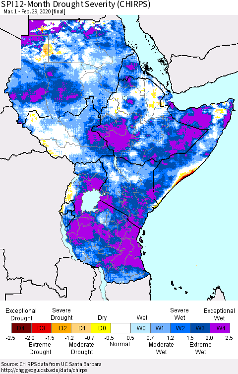 Eastern Africa SPI 12-Month Drought Severity (CHIRPS) Thematic Map For 3/1/2019 - 2/29/2020