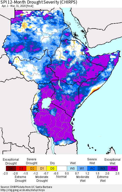 Eastern Africa SPI 12-Month Drought Severity (CHIRPS) Thematic Map For 4/1/2019 - 3/31/2020