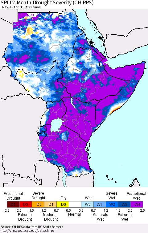 Eastern Africa SPI 12-Month Drought Severity (CHIRPS) Thematic Map For 5/1/2019 - 4/30/2020