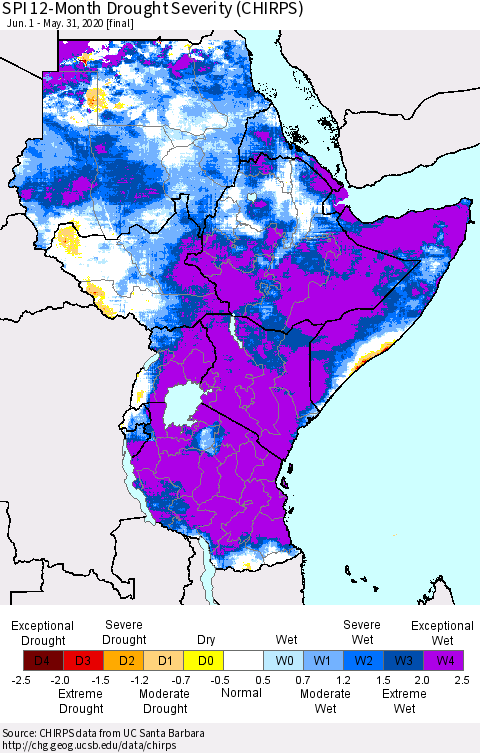 Eastern Africa SPI 12-Month Drought Severity (CHIRPS) Thematic Map For 6/1/2019 - 5/31/2020