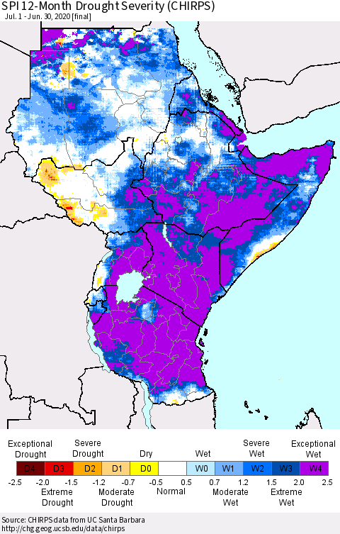 Eastern Africa SPI 12-Month Drought Severity (CHIRPS) Thematic Map For 7/1/2019 - 6/30/2020
