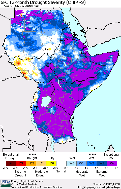 Eastern Africa SPI 12-Month Drought Severity (CHIRPS) Thematic Map For 8/1/2019 - 7/31/2020