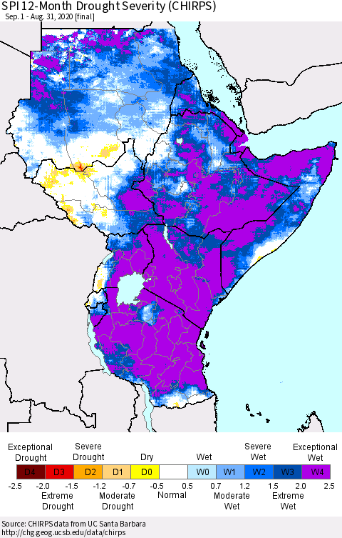 Eastern Africa SPI 12-Month Drought Severity (CHIRPS) Thematic Map For 9/1/2019 - 8/31/2020