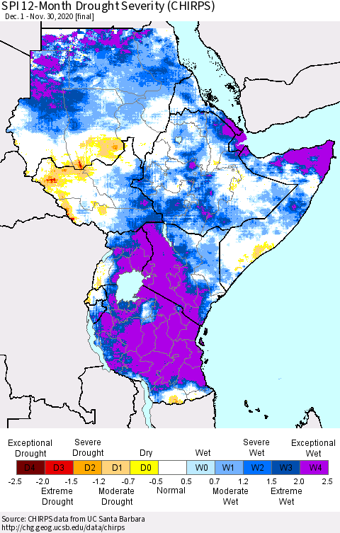 Eastern Africa SPI 12-Month Drought Severity (CHIRPS) Thematic Map For 12/1/2019 - 11/30/2020