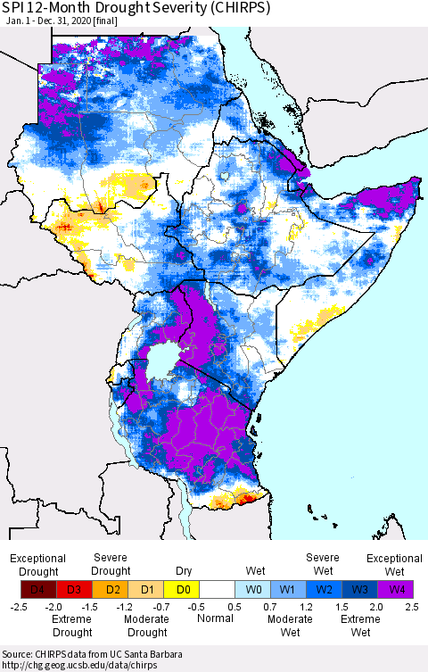 Eastern Africa SPI 12-Month Drought Severity (CHIRPS) Thematic Map For 1/1/2020 - 12/31/2020