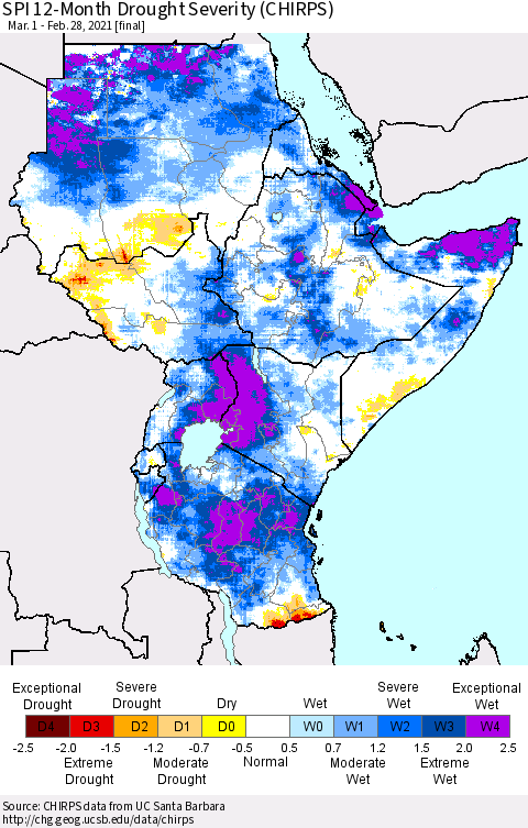 Eastern Africa SPI 12-Month Drought Severity (CHIRPS) Thematic Map For 3/1/2020 - 2/28/2021