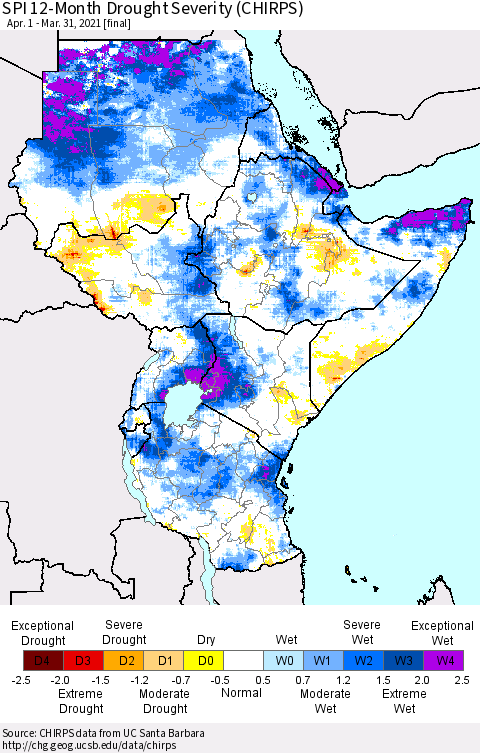 Eastern Africa SPI 12-Month Drought Severity (CHIRPS) Thematic Map For 4/1/2020 - 3/31/2021