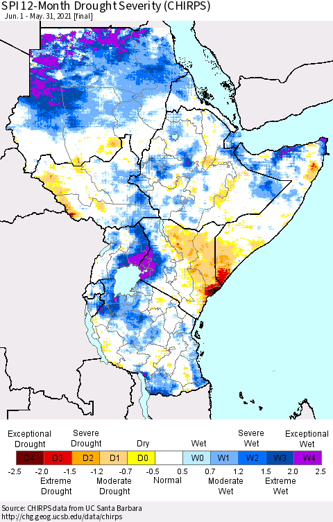 Eastern Africa SPI 12-Month Drought Severity (CHIRPS) Thematic Map For 6/1/2020 - 5/31/2021