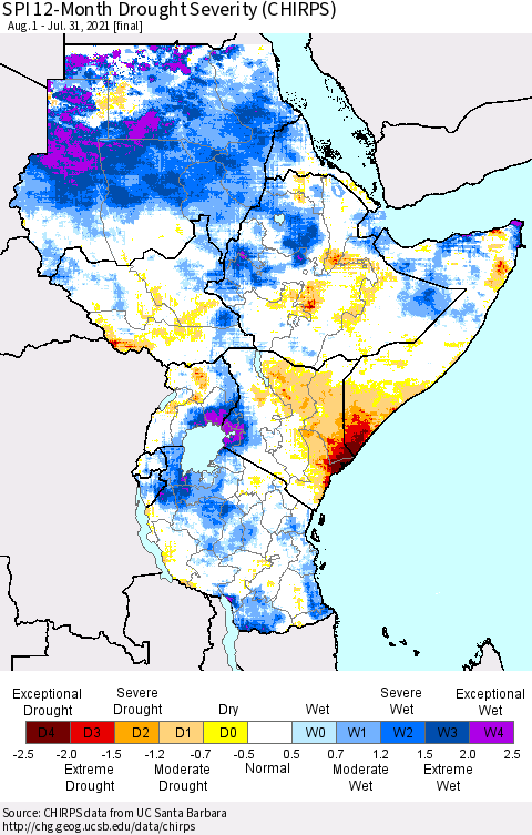 Eastern Africa SPI 12-Month Drought Severity (CHIRPS) Thematic Map For 8/1/2020 - 7/31/2021