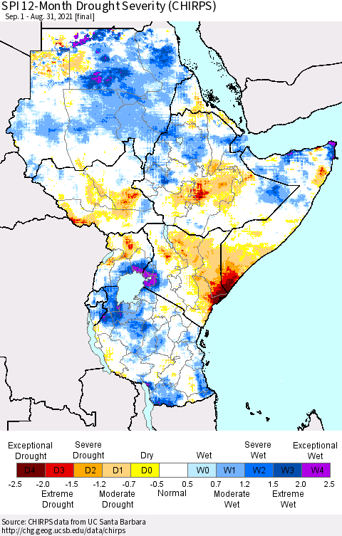 Eastern Africa SPI 12-Month Drought Severity (CHIRPS) Thematic Map For 9/1/2020 - 8/31/2021