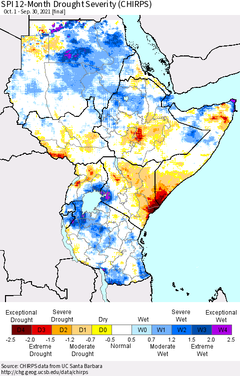 Eastern Africa SPI 12-Month Drought Severity (CHIRPS) Thematic Map For 10/1/2020 - 9/30/2021