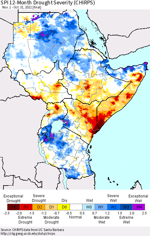 Eastern Africa SPI 12-Month Drought Severity (CHIRPS) Thematic Map For 11/1/2020 - 10/31/2021