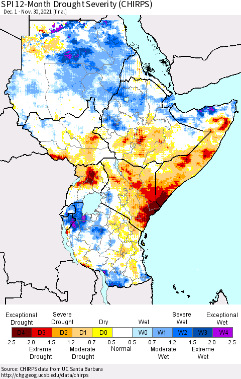 Eastern Africa SPI 12-Month Drought Severity (CHIRPS) Thematic Map For 12/1/2020 - 11/30/2021