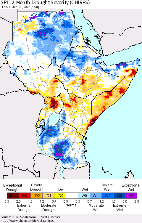 Eastern Africa SPI 12-Month Drought Severity (CHIRPS) Thematic Map For 2/1/2021 - 1/31/2022