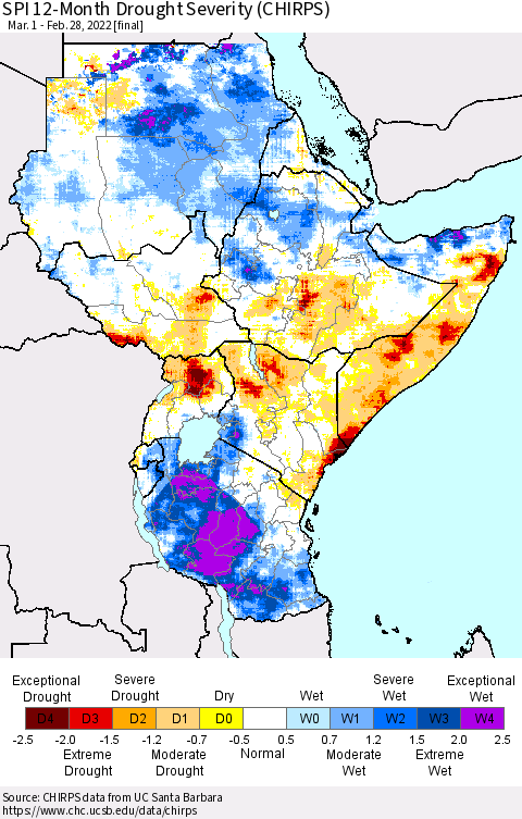 Eastern Africa SPI 12-Month Drought Severity (CHIRPS) Thematic Map For 3/1/2021 - 2/28/2022