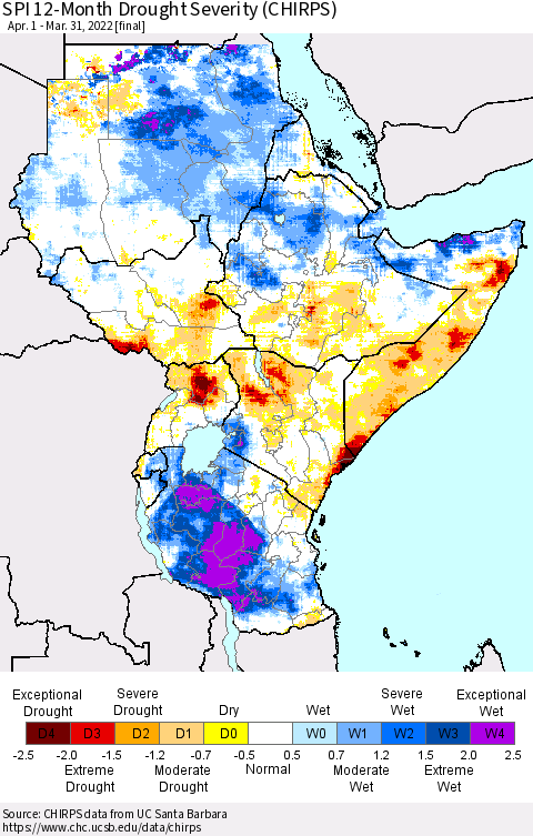Eastern Africa SPI 12-Month Drought Severity (CHIRPS) Thematic Map For 4/1/2021 - 3/31/2022