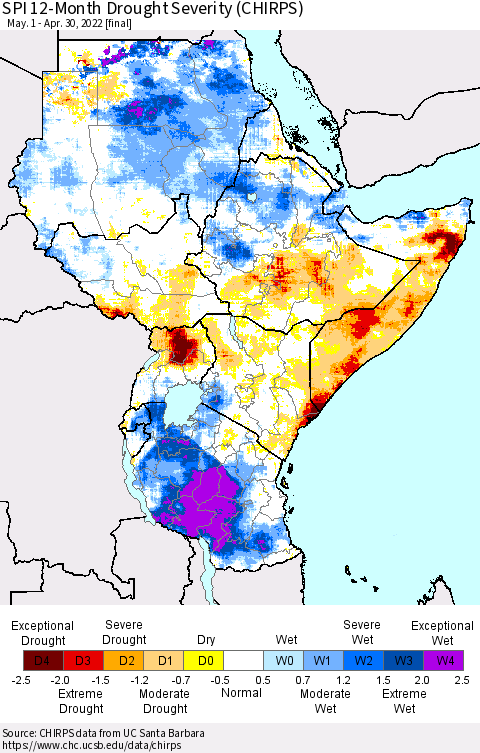 Eastern Africa SPI 12-Month Drought Severity (CHIRPS) Thematic Map For 5/1/2021 - 4/30/2022